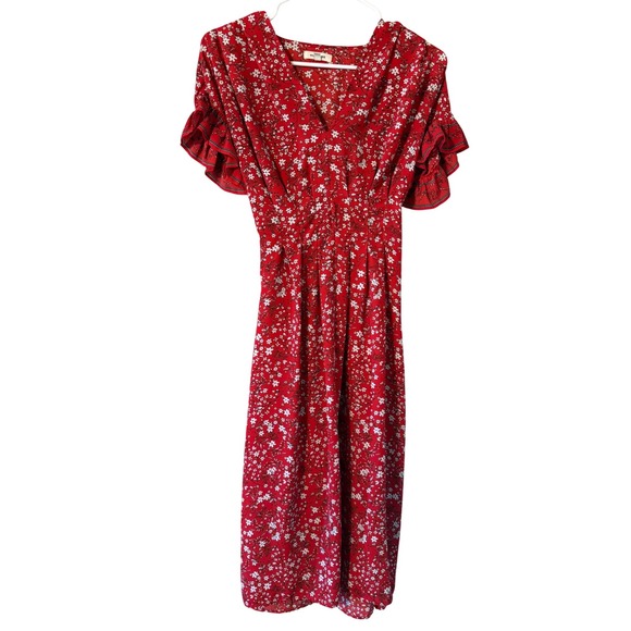 Max Studio Red Floral Ditsy V-Neck Ruffle Sleeve Midi Dress  Womens XS Romantic - Picture 2 of 8